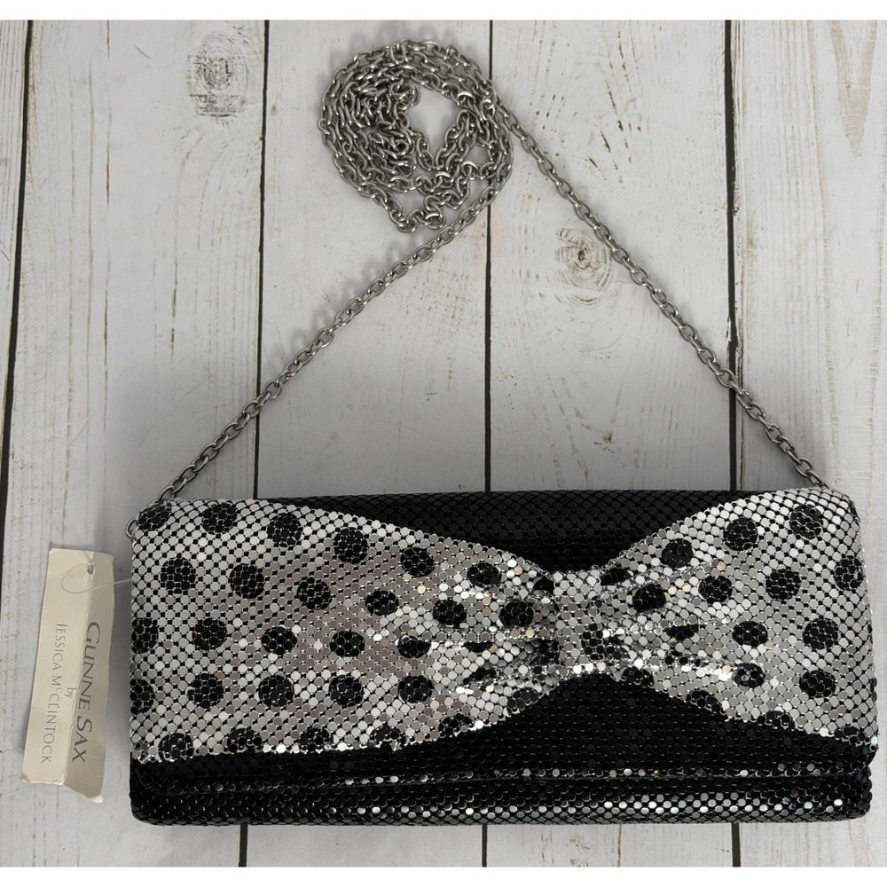 Gunne Sax Jessica McClintock Metal Mesh Polka Dot Bow Clutch Silver Black NEW